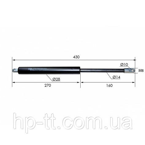 Газовий амортизатор HP-trailer TYPE 14/28 430 мм шток 160 мм 2000 N Ø10 М8 21059, фото 2