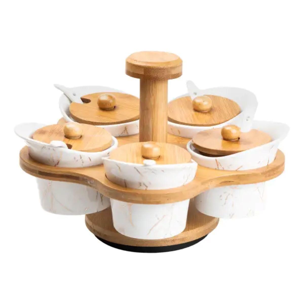 Набір для сипучих продуктів 5 банок по 120 на бамбуковій підставці білий HP1225, фото 1