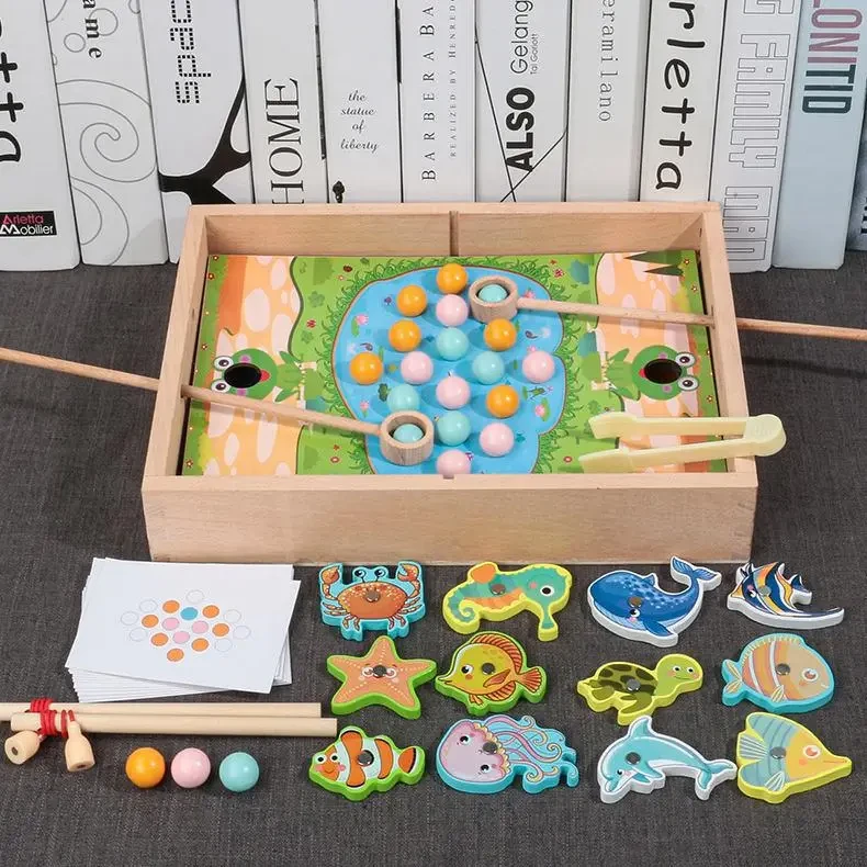 Дерев'яна логічна іграшка для дітей 2в1 Магнітна риболовля з фігурками та гра на двох гравців Нагодуй улюбленця, фото 1