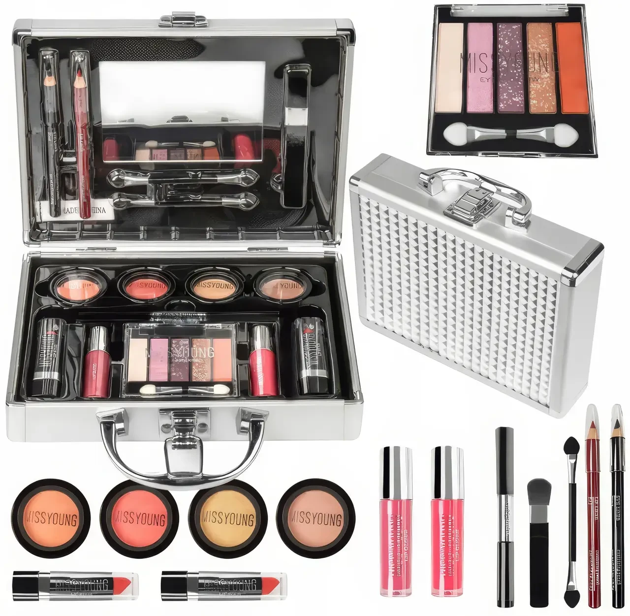 Набір декоративної косметики в алюмінієвому кейсі з дзеркалом Makeup set MC1488 Сріблястий, фото 1
