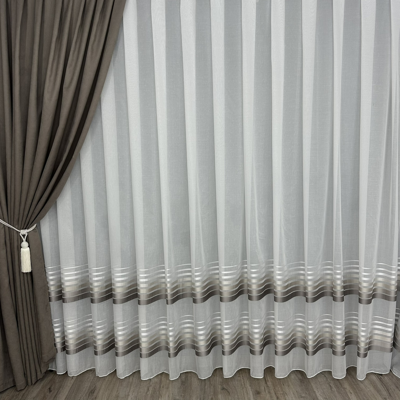 Тюль льон зі смужками Aselya мокко на відріз