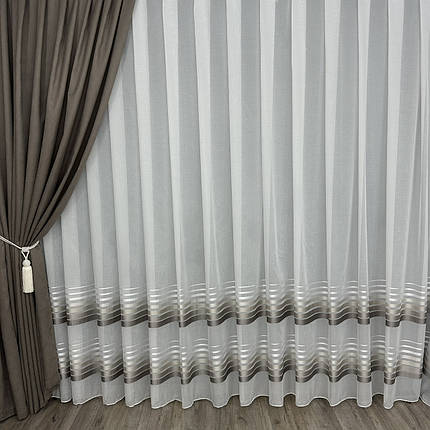 Тюль льон зі смужками Aselya мокко на відріз, фото 1