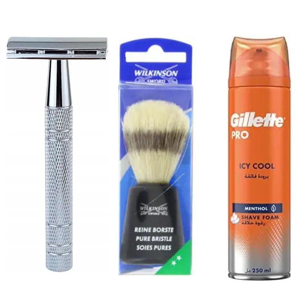 Класична Т-подібна бритва+10 лез + помазок для гоління Wilkinson Sword + піна для гоління Gillette Pro Icy Cool з ментолом, 250 мл, фото 1