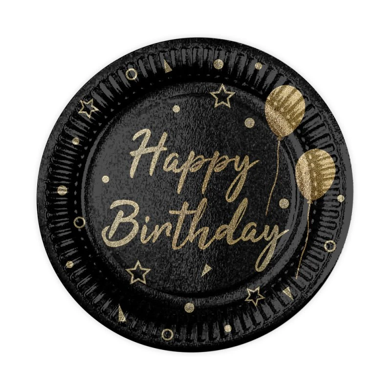 Набір паперових тарілок "Happy Birthday" кульки та зірочки на чорному 18,5 см 10 шт./уп, Святкові тарілки