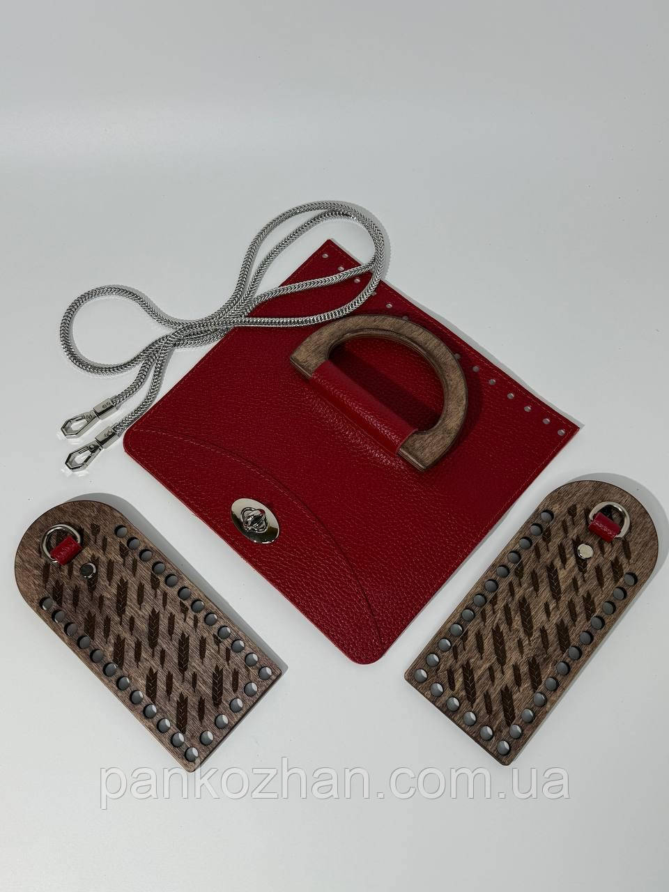Набір шкіряної фурнітури на набір до МК Соломія, колір червоний флотар , метал срібло, дерево палісандр, фото 1