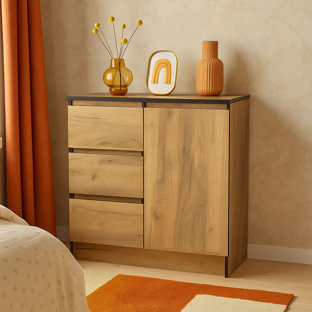 Сучасний низький вузький комод 80 см комбінований з шухлядами та полицями в спальню ЛДСП Бруклін Мебель Сервіс