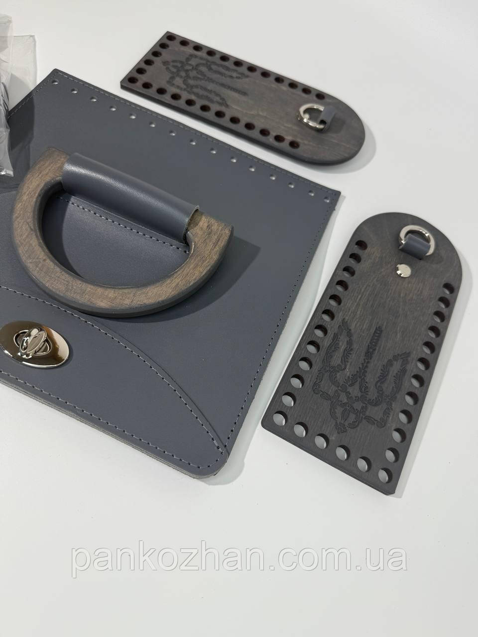 Набір шкіряної фурнітури на набір до МК Соломія, колір темно сірий, метал срібло, дерево сірий, фото 1