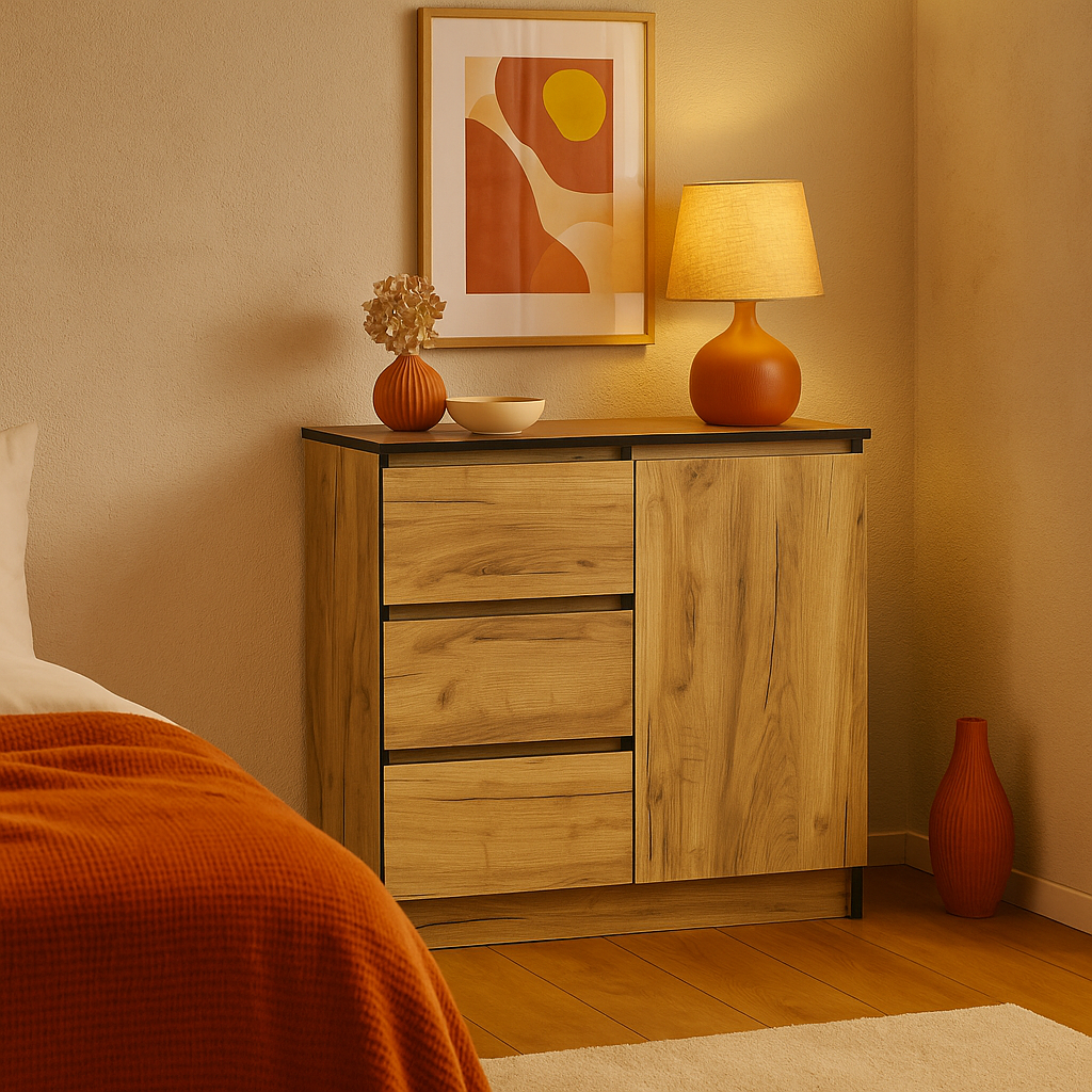 Стильний маленький вузький комод 80 см з тумбою і шухлядами в спальню ДСП Бруклін Мебель Сервіс дуб крафт золотий, фото 1