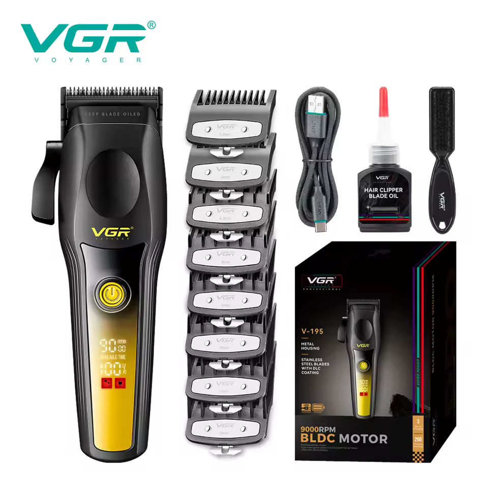 Акумуляторна машинка для стриження (clipper) VGR V-195 GOLD, 8 насадок, 9000 RPM, 2500 mAh, LED display, фото 1