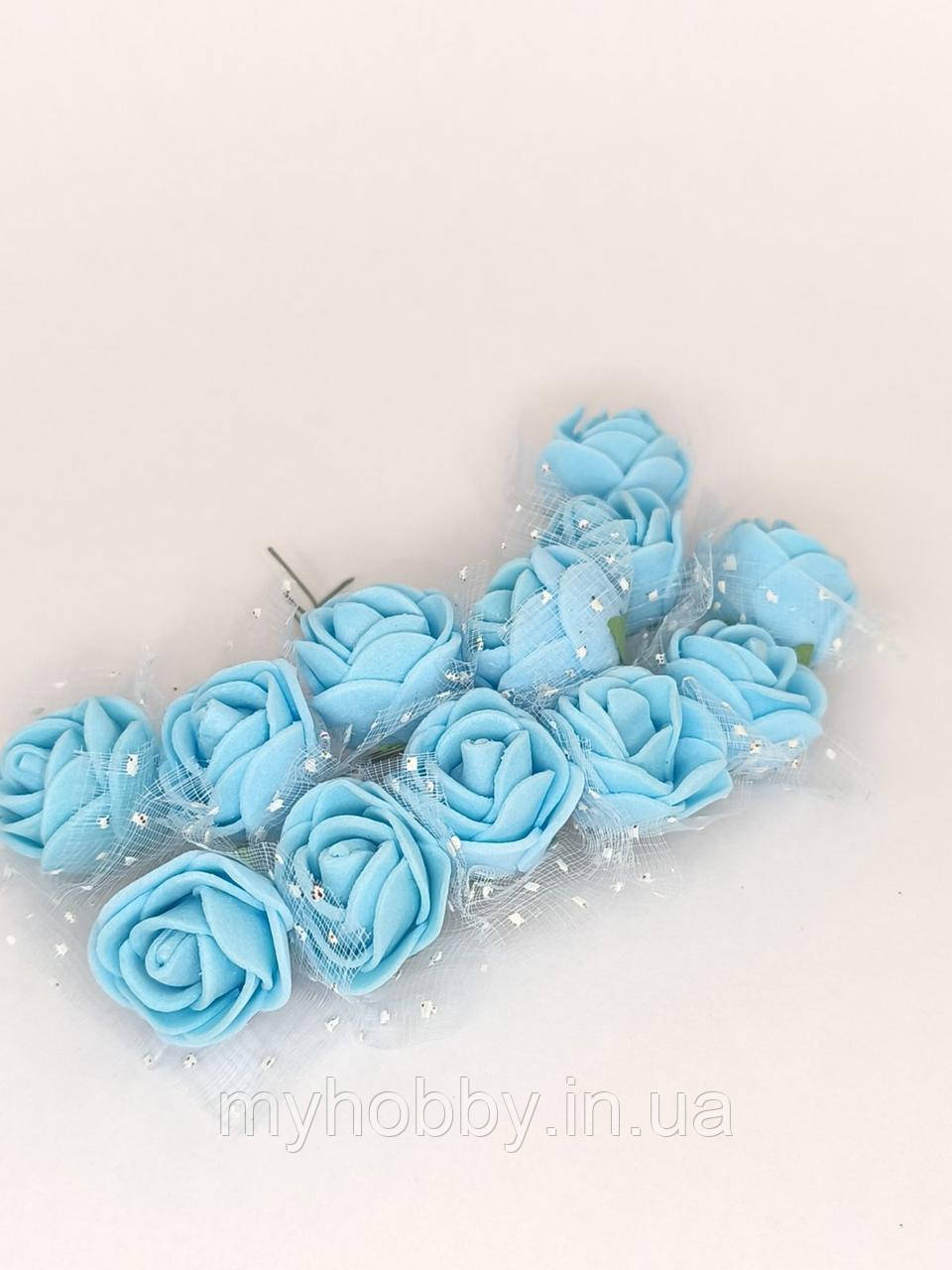 Троянди з фому з фатіном 12шт блакитні для декору, фото 1
