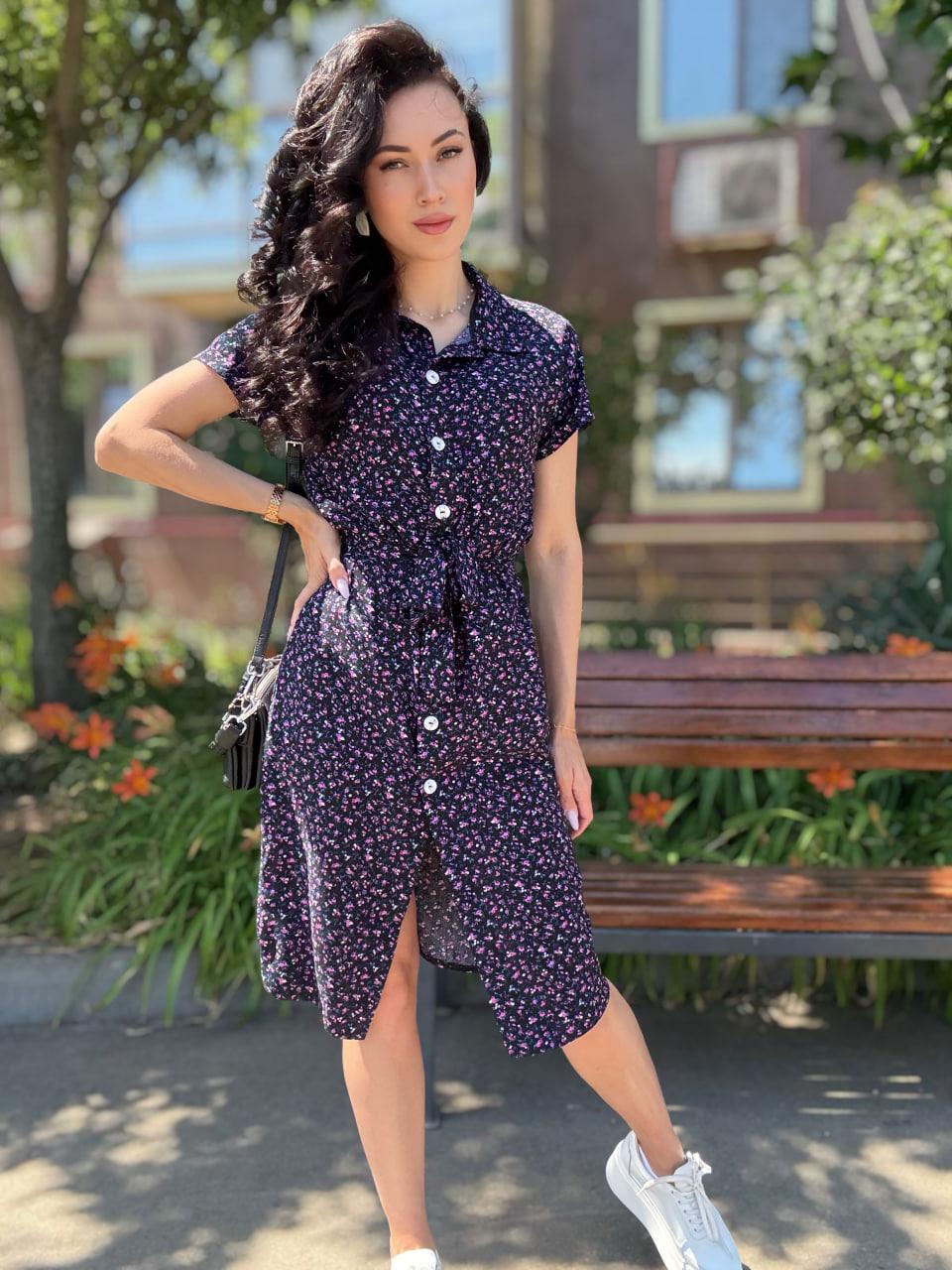 Літня міді сукня сорочка з короткими рукавами прямого крою під пояс (р. 42-52) 85036087, фото 1