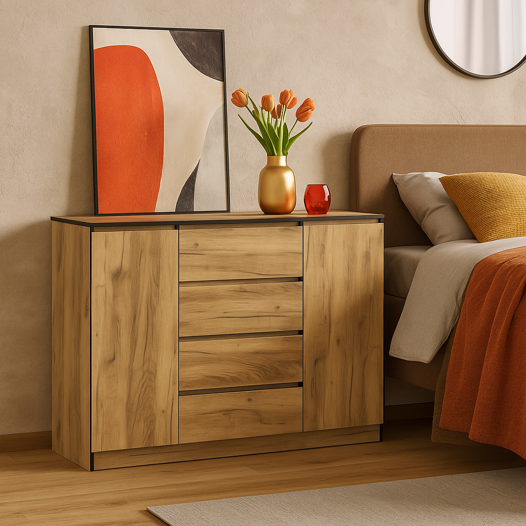 Сучасний комод 140 см з дверцятами та шухлядами без ручок у спальню ЛДСП Бруклін Мебель Сервіс дуб крафт золотий