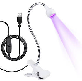 Лампа UV для сушіння гель лаку, гелевих типс з USB-роз'ємом (настільна, гнучка, з прищіпкою), 5 Вт. Білий