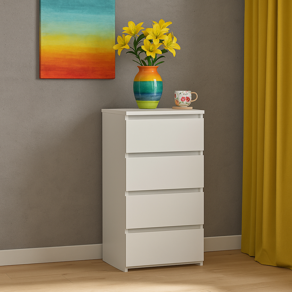 Стильний низький вузький комод білий 40 см на 4 шухляди без ручок модерн у спальню Бруклін Мебель Сервіс, фото 1