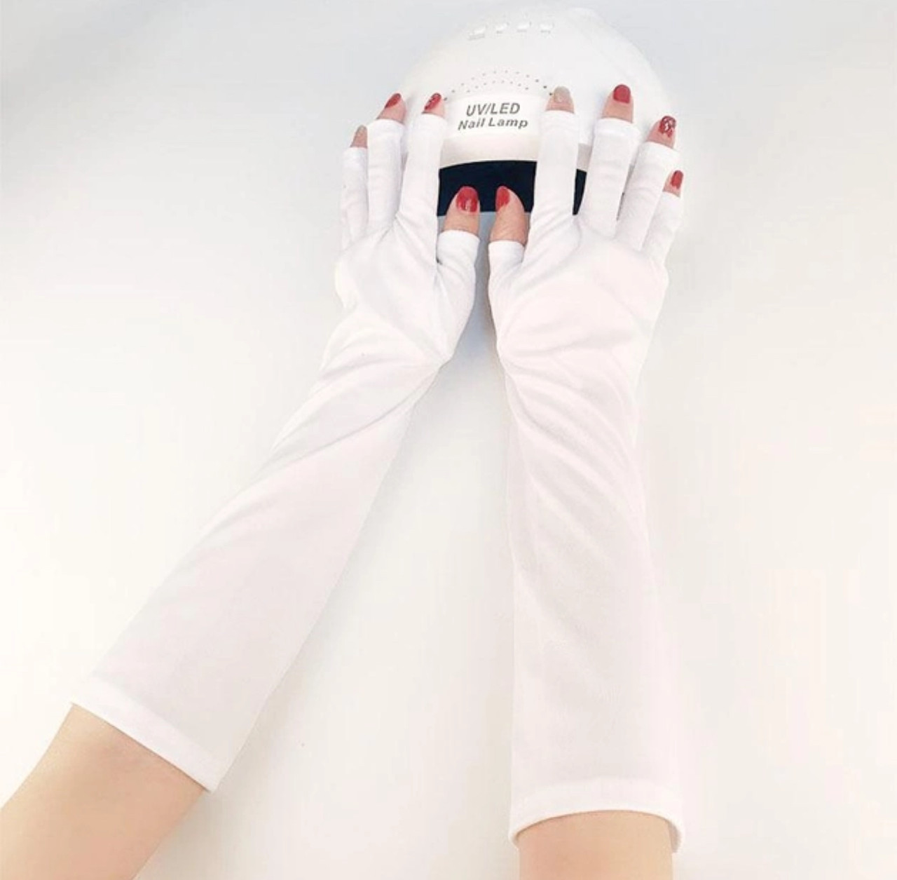 Захисні рукавички (білі) для захисту рук від УФ-випромінювання в лампі під час манікюру Довгі 388В, фото 1