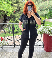 Трикотажний літній жіночий костюм з капюшоном чорний спортивний костюм двійка великих розмірів 48-66