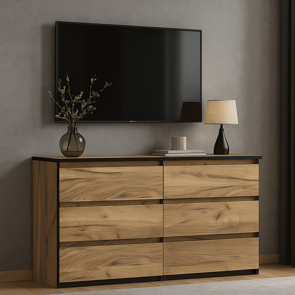 Сучасний вузький низький комод 1 метр на 6 шухляд у вітальню зал ЛДСП Бруклін Мебель Сервіс дуб крафт золотий