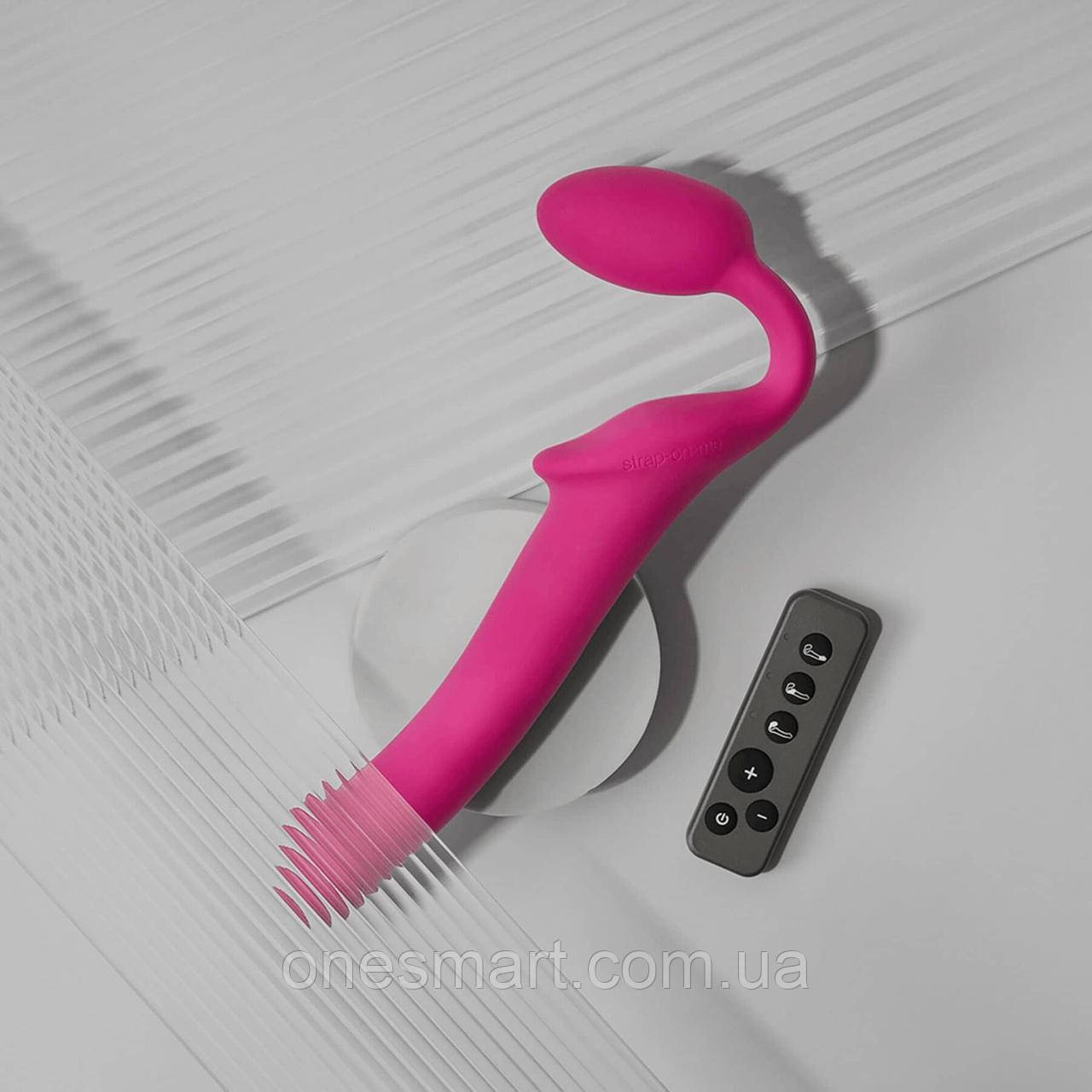 Безремневий страпон з вібрацією Strap-On-Me Fuchsia XL для пар МЖ ЖЖ з пультом ДУ три мотори, фото 1