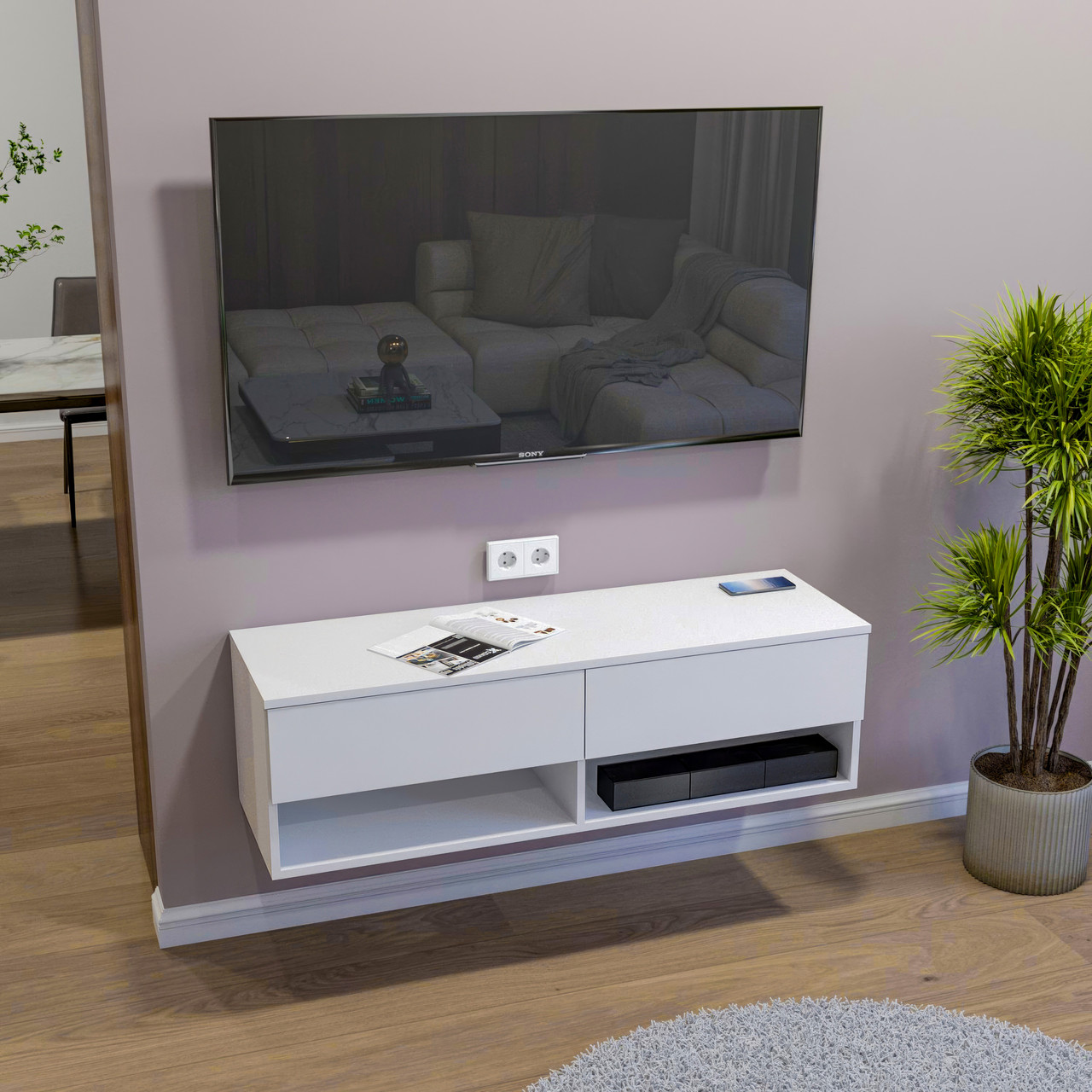 Підвісна ТВ тумба Istad Ш 1202 x В 360 x Г 380 мм Білий, фото 1