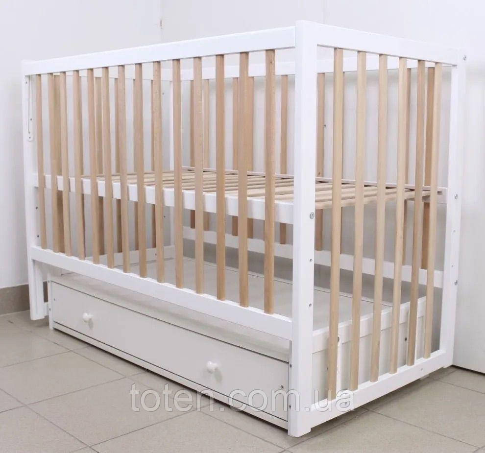 Ліжечко дерев'яне для новонароджених з маятником та шухлядою, Білий з натуральним, фото 1