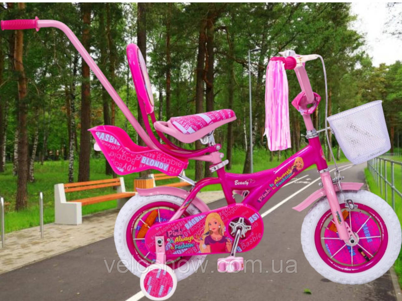 Дитячий сталевий 12 Beauty Girl велосипед (з батьківською ручкою, кошиком, багажником для ляльки) рожевий для дівчинки, фото 1