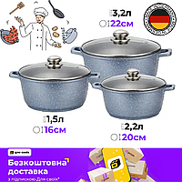 Набір каструль Benson BN-299 з литого алюмінію з мраморним антипригарним покриттям, 6 предмети (1.5л, 2.2л, 3.2л), для всіх плит