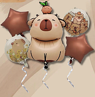 Набір фольгованих куль капібару з яблуком 5 шт повітряні кульки для свята