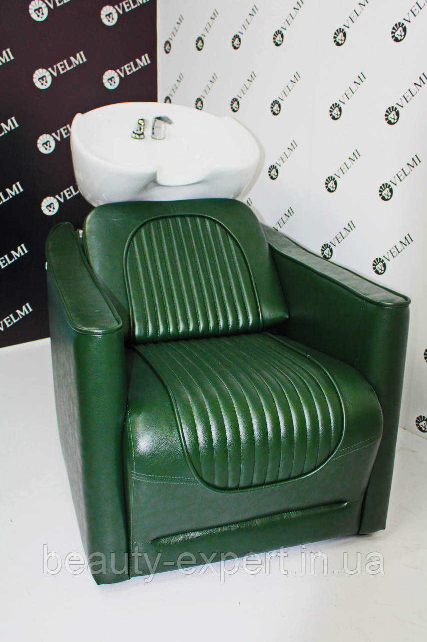 Перукарська мийка зі зручним кріслом VINCENT в оббивці зеленого відтінку Родео для перукарні та барбершопа, фото 1