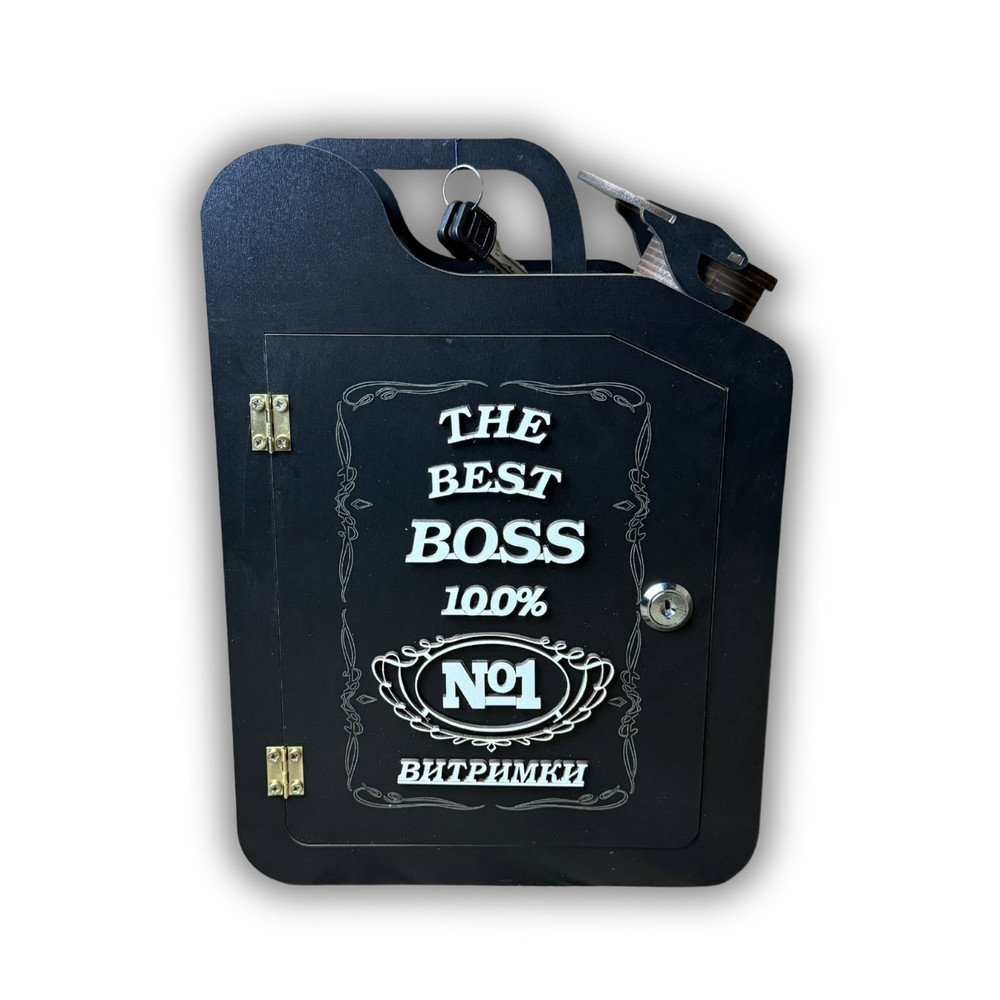 Дерев'яний декоративний міні-бар Каністра "The Best Boss", 30*22*11.5 см, з чарками, чорна, фото 1