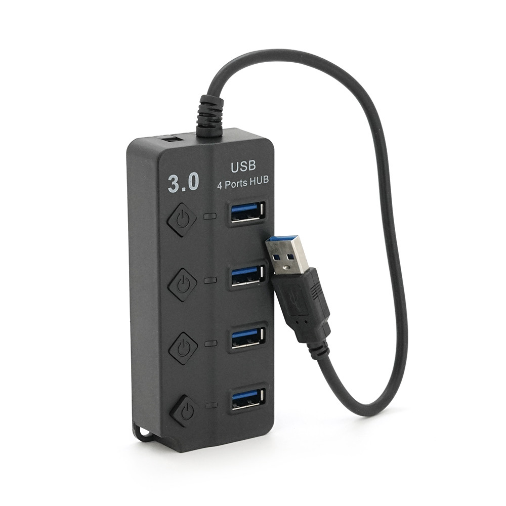 Хаб USB 3.0 4 порти, Black, 5Gb/s живлення від USB, з кнопкою LED/Blue на кожен порт, Blister