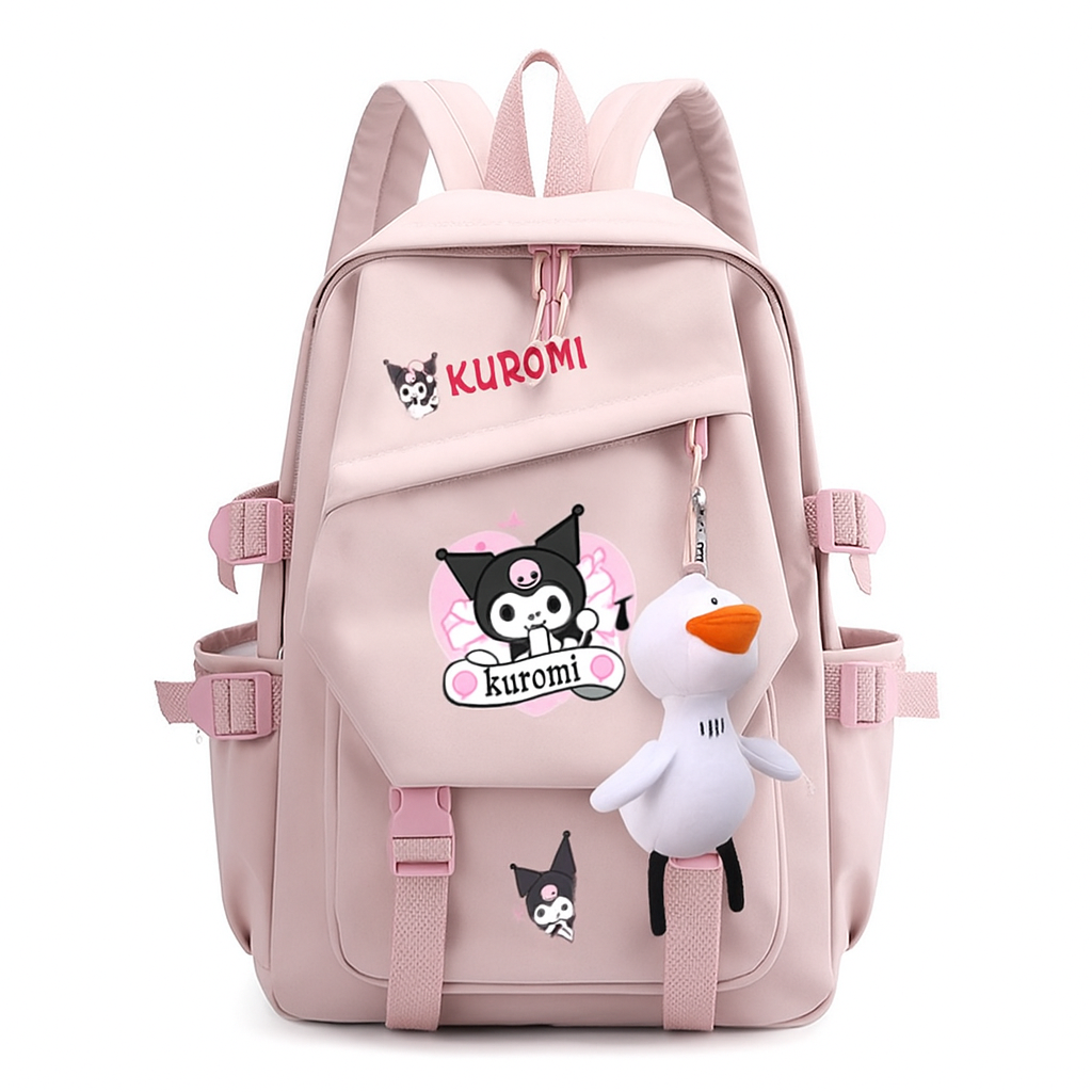 Рюкзак шкільний для дівчинки Kuromi з брелоком Гусак. Дитячий рюкзак ранець Рожевий, фото 1