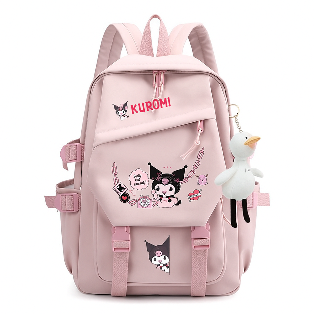 Рюкзак шкільний для дівчинки Kuromi з брелоком Гусак. Дитячий рюкзак ранець Рожевий, фото 1