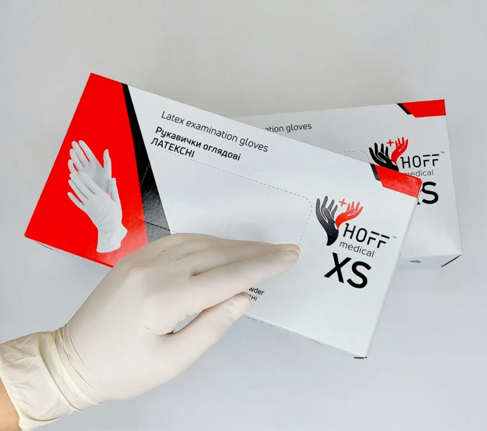 Рукавички оглядові латексні Hoff Medical нестерильні текстуровані без пудри XS, фото 1