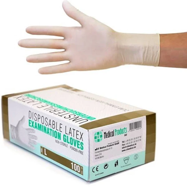 Рукавички оглядові латексні без пудри нестерильні Sf Latex Examination Gloves р. L, білі, фото 1