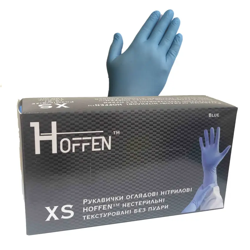 Рукавички оглядові нітрилові сині HOFFEN нестирильні без пудри розміір XS, 50 пар/уп, фото 1
