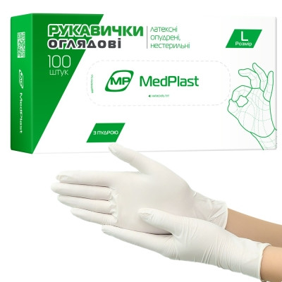 Рукавички латексні оглядові нестерильні опудрені MedPlast р.L, фото 1