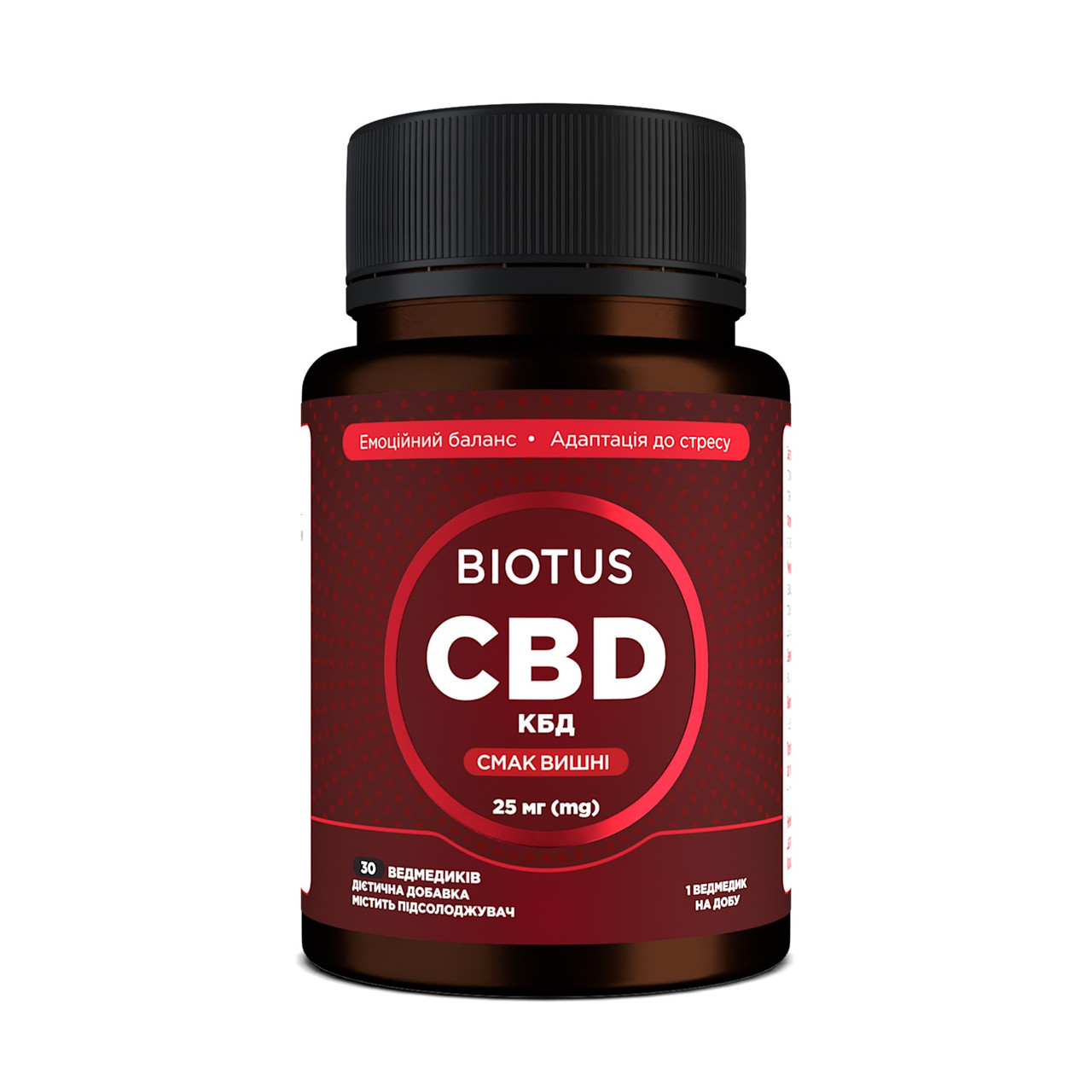 Каннабідіол, CBD Gummies, Biotus, смак вишні, 25 мг, 30 желейних ведмедиків, фото 1