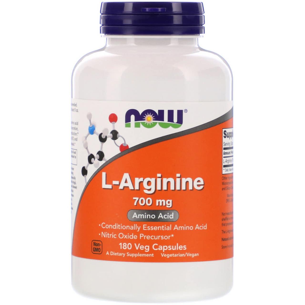 L-аргінін, L-Arginine, Now Foods, 700 мг, 180 вегетаріанських капсул, фото 1