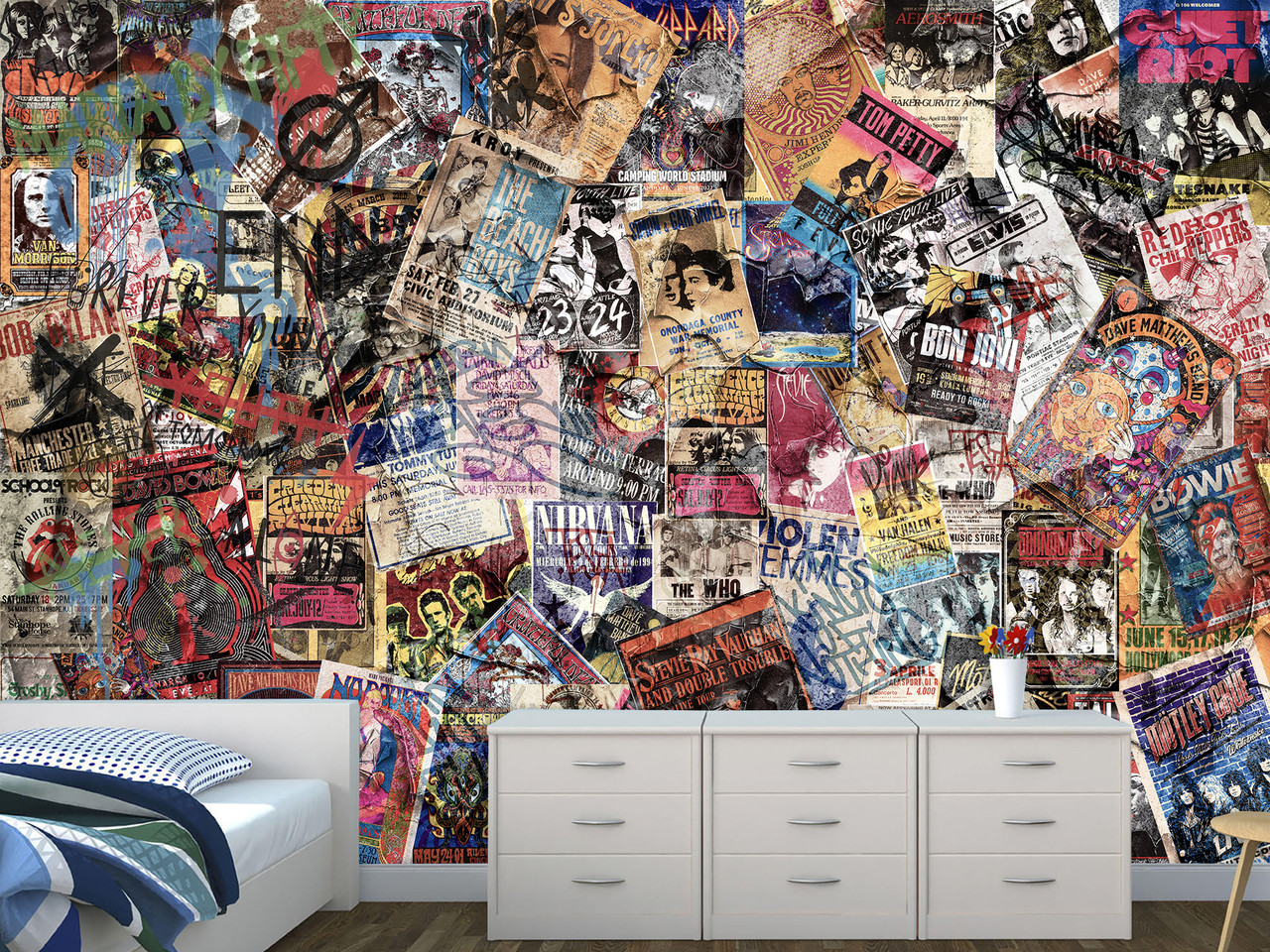 Фотошпалери самоклейна плівка Oracal на всю стіну, для офісу, спальні "Колаж з постерами культових рок-груп", фото 1