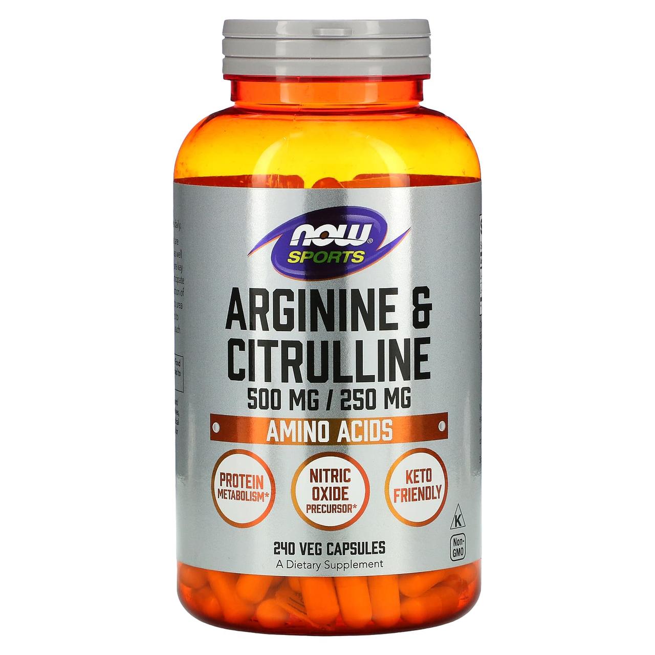 Аргінін та цитрулін, Arginine & Citrulline, Now Foods, Sports, 500 мг/250 мг, 240 вегетаріанських капсул, фото 1