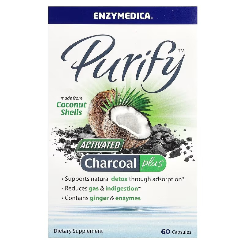 Активоване вугілля з кокоса, Activated Coconut Charcoal +, Enzymedica, Purify, для веганів, 60 капсул, фото 1