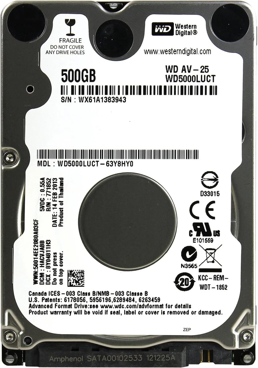 Накопичувач HDD 2.5" SATA 500GB WD AV-25 5400rpm 16MB (WD5000LUCT) (Refurbished-відновлений)