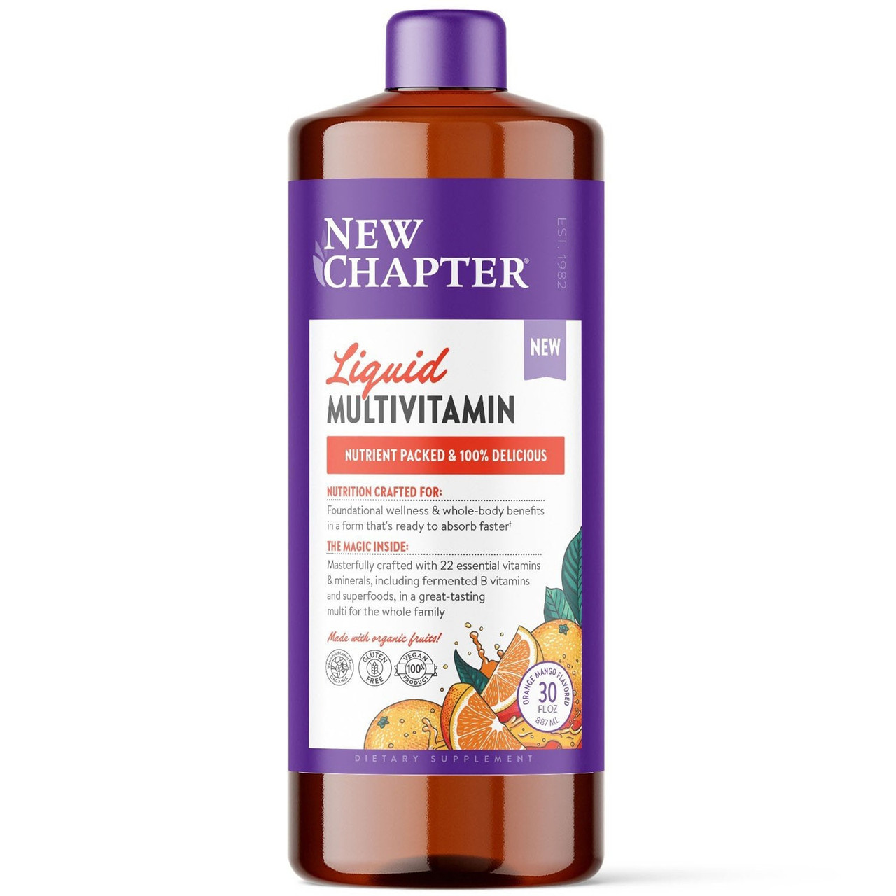 Мультивітаміни для всієї родини, Vegan Liquid Multivitamin for Whole Family, New Chapter, рідкі, веган, апельсин-манго, 887 мл, фото 1