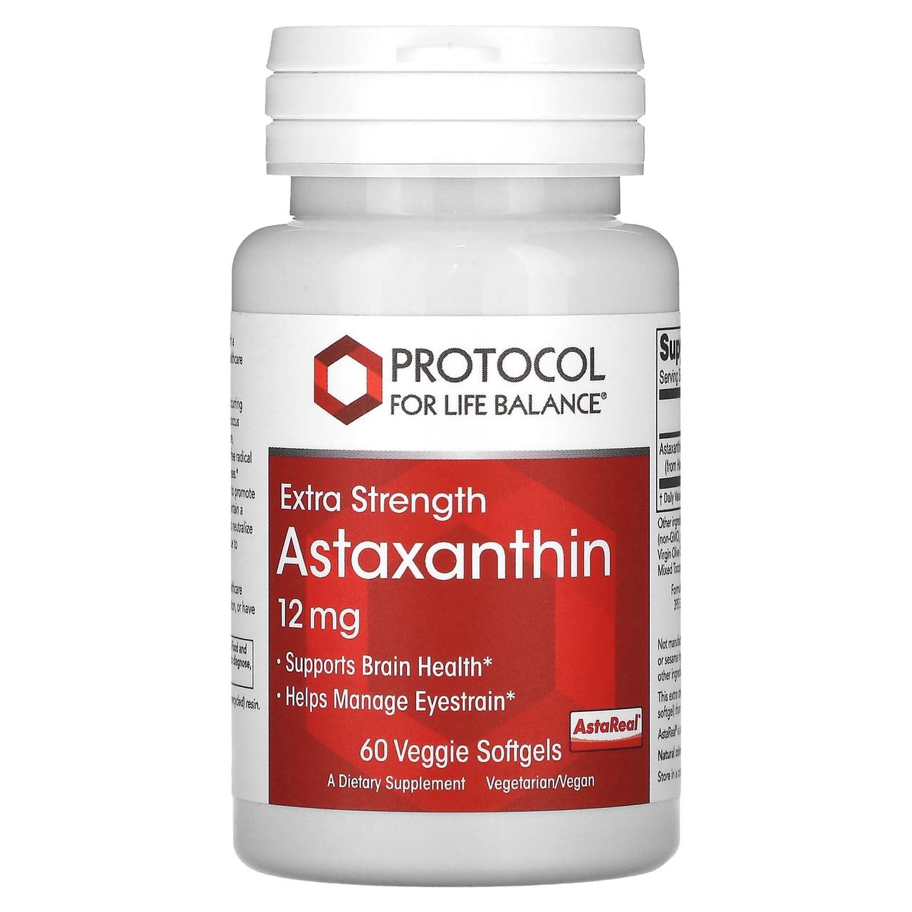 Астаксантин, Astaxanthin, Protocol for Life Balance, підвищена сила, 12 мг, 60 рослинних гелевих капсул, фото 1
