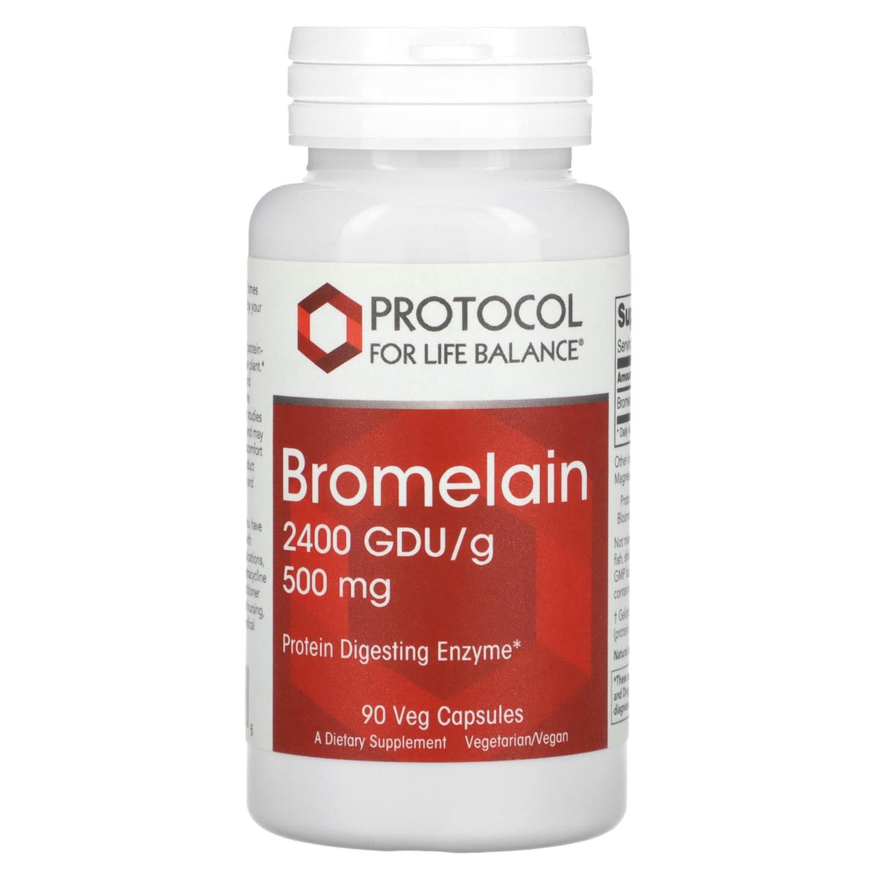 Бромелайн, Bromelain, Protocol for Life Balance, 2400 GDU/г, 500 мг, 90 рослинних капсул, фото 1