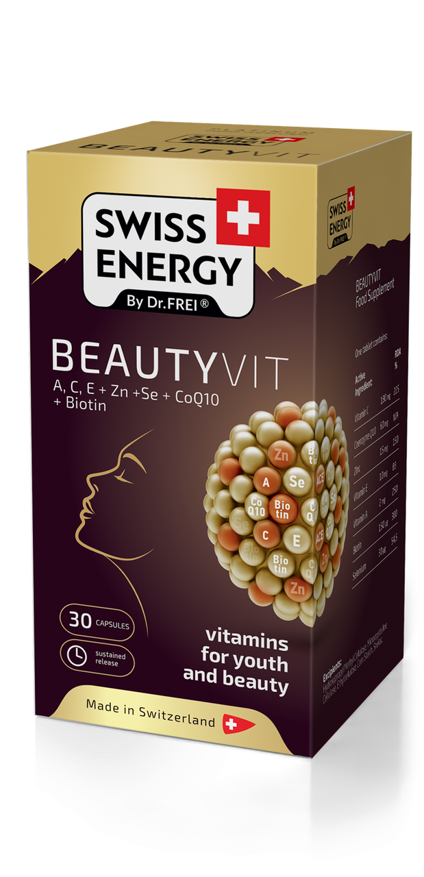 Вітаміни та мінерали для краси, BEAUTYVIT ACE+Zn+Se+CoQ10+Biotin, Swiss Energy, 30 капсул, фото 1
