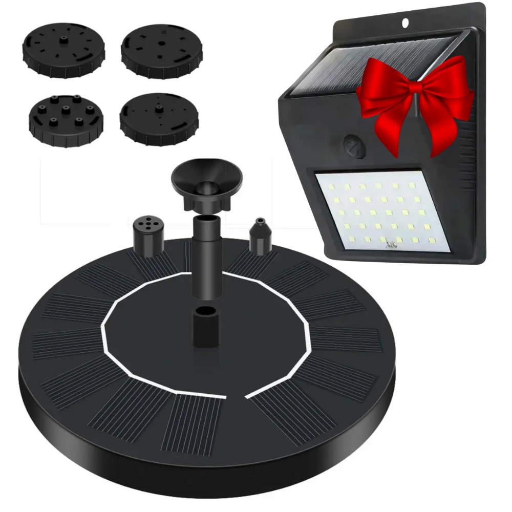 16 см Фонтан-насос, 6 насадок + Вуличний LED світильник / Сонячний плаваючий фонтан, фото 1