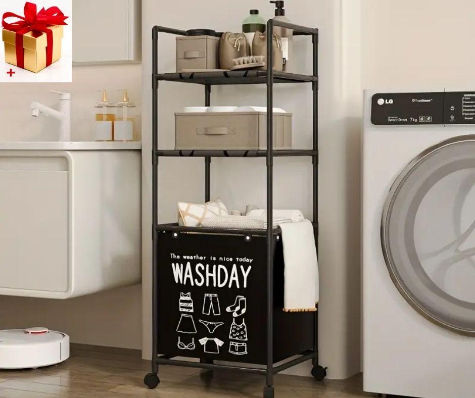 Металевий кошик для білизни з колесами Кошик для зберігання білизни Washday + 2 полиці Сталаж із кошиком, фото 1