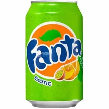 Fanta Exotic,0,33 л, Напій газований зі смаком тропічних фруктів Фанта, з/б