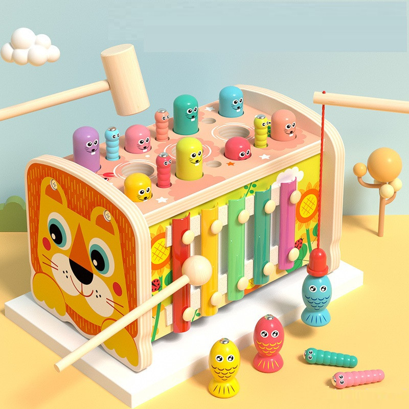 Дитячий ігровий центр Левеня 4в1 Стукалка вдар крота Магнітна риболовля черв'ячки Ксилофон і пальчикова гра, фото 1